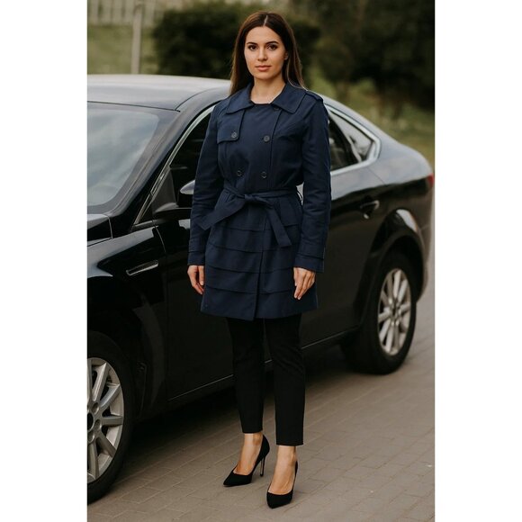 INC Navy Blue Tiered Trench Coat Belted Double Button Front Notched Lapel XL - Picture 1 of 6